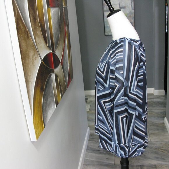CALVIN Klein Blue/Black Geometric Pattern Sheer Sleeve Blouse Size Medium - Picture 4 of 4